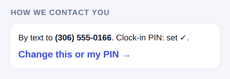 The staff member's page after opting in, showing they are contacted by text, with a link to change it