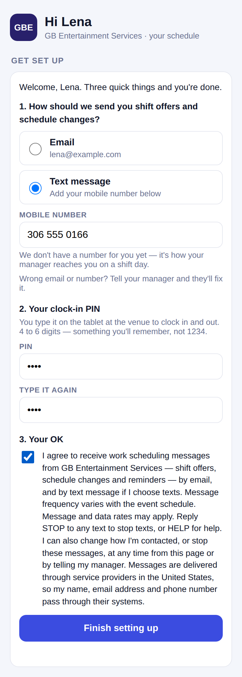 Set-up page: Text message chosen, mobile number entered, PIN set, and the consent checkbox ticked with the wording above